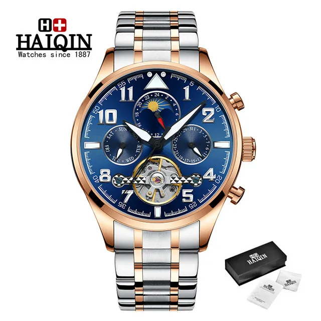 HAIQIN, мужские часы, автоматические механические, деловые часы, мужские, лучший бренд, Роскошные, военные, водонепроницаемые, турбийон, часы, Reloj Hombre - Цвет: S-rose gold blue
