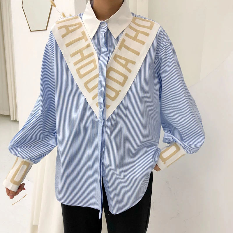Femmes surdimensionné manches longues rayures et motif floral brodé Boutonné Chemise Chemisier