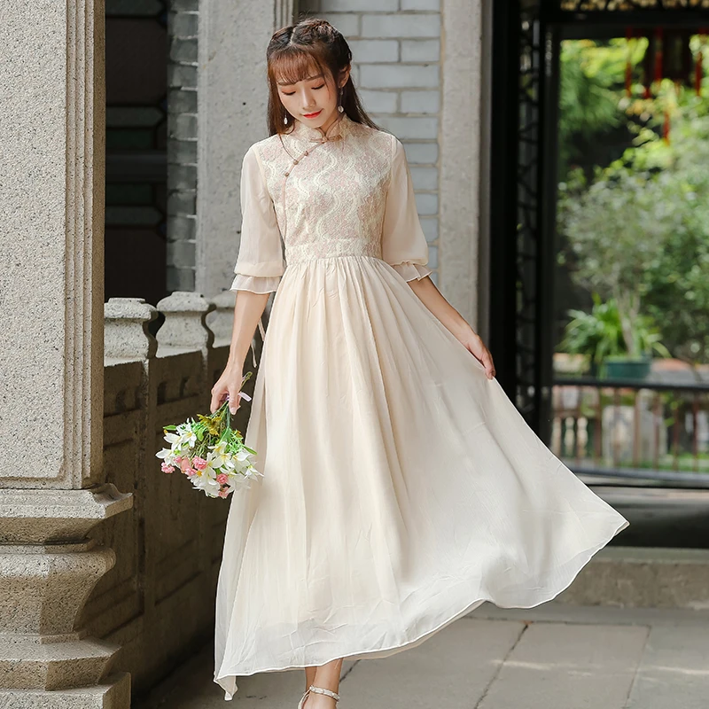 

2019 Spring/summer Mori Girl Women's Art Retro Half Sleeve Slim Lace Chiffon Dress Sweet And Lovely Fairy Dress