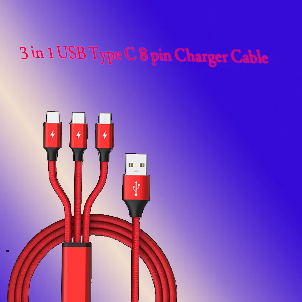 

3 in 1 USB Cable for Mobile Phone Micro USB Type C 8 pin Charger Cable for iPh Micro USB Charger Cord Fast Charging Cables