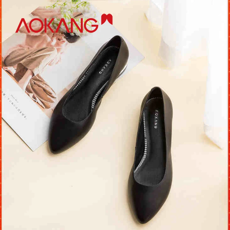 

AOKANG women's pumps offical Dress Shoes genuine leather business slip-on OL ballet Boat Shoes Woman shoes