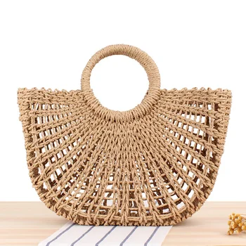 

The New Hand made Women's Handbag Bohemia Summer Beach Bag Ladies Travel Moon shaped Straw Bag High capacity Shopping Tote
