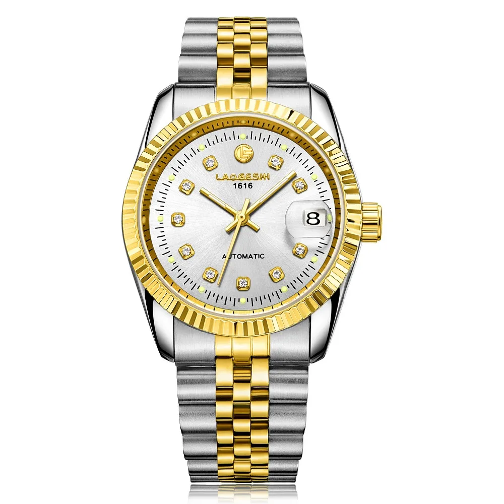 

LAOGESHI Brand Men Calendar Gold Waterproof Calendar Automatic Mechanical Watches Male Rhinestone Watch Clock Relogio Masculino