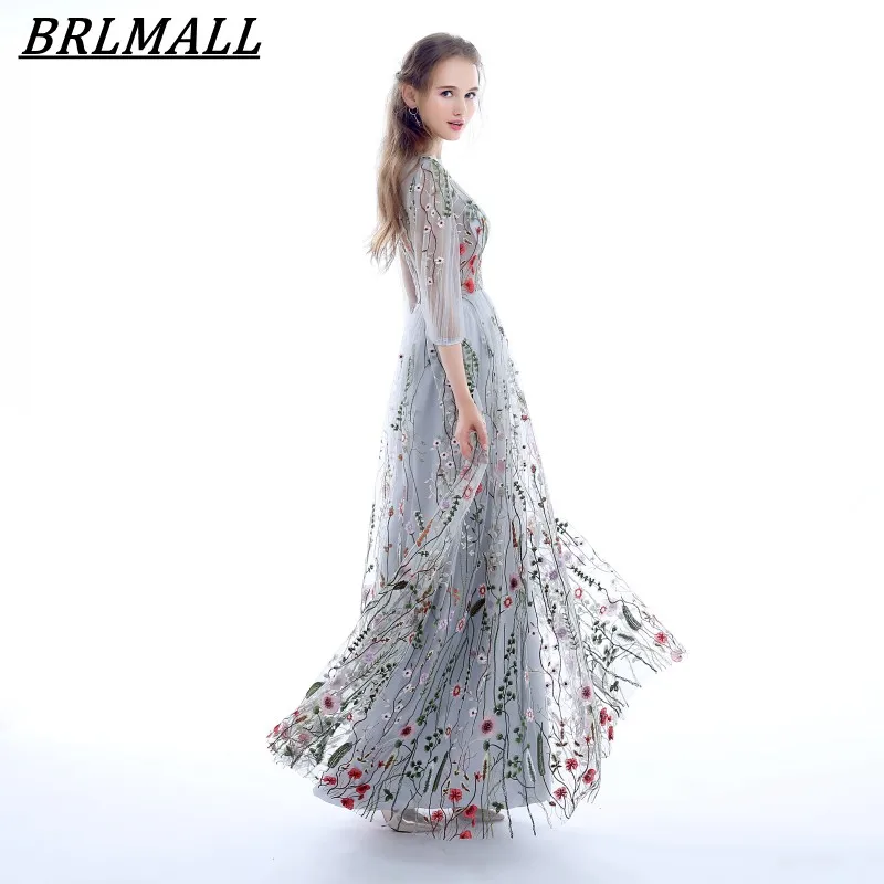 Brlmall nozze d'argento del ricamo floreale prom dress 2017 tre quarti di  manica da sera dress abito del partito vestido de festa| | - AliExpress