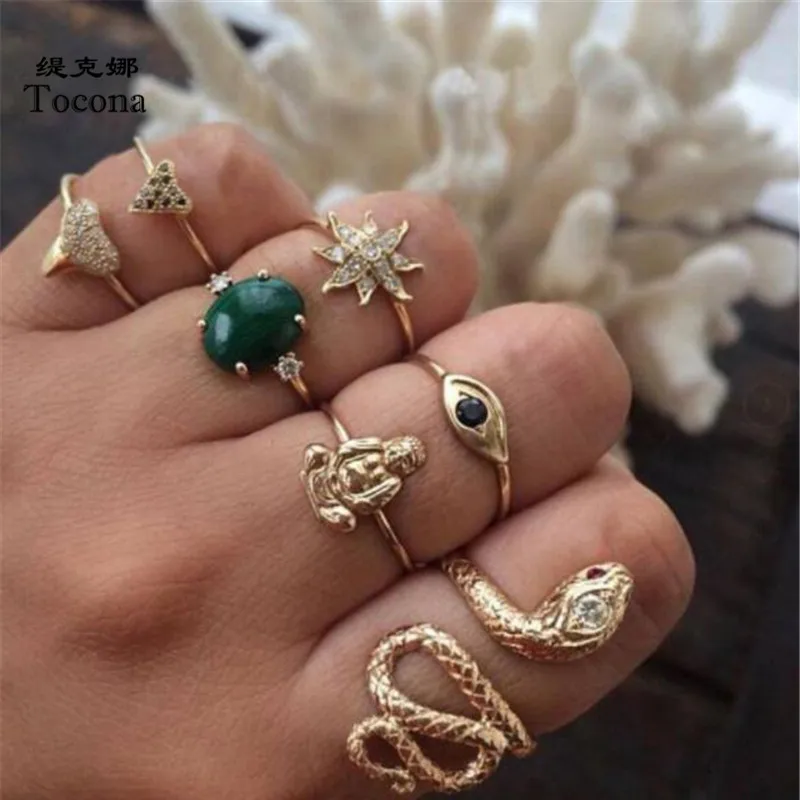 

Tocona 5pcs/sets Gold Color Bohemia Rings Sets Snake Green Oval Crystal Flowers Heart Shape Jewelry Women Men Accessories 7068