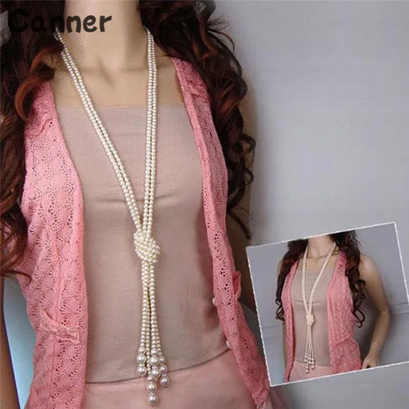 

Canner Simple Classic Double Knot Imitation Pearl Tassel Long Necklace Pendant Sweater Chain For Women Jewelry Gift