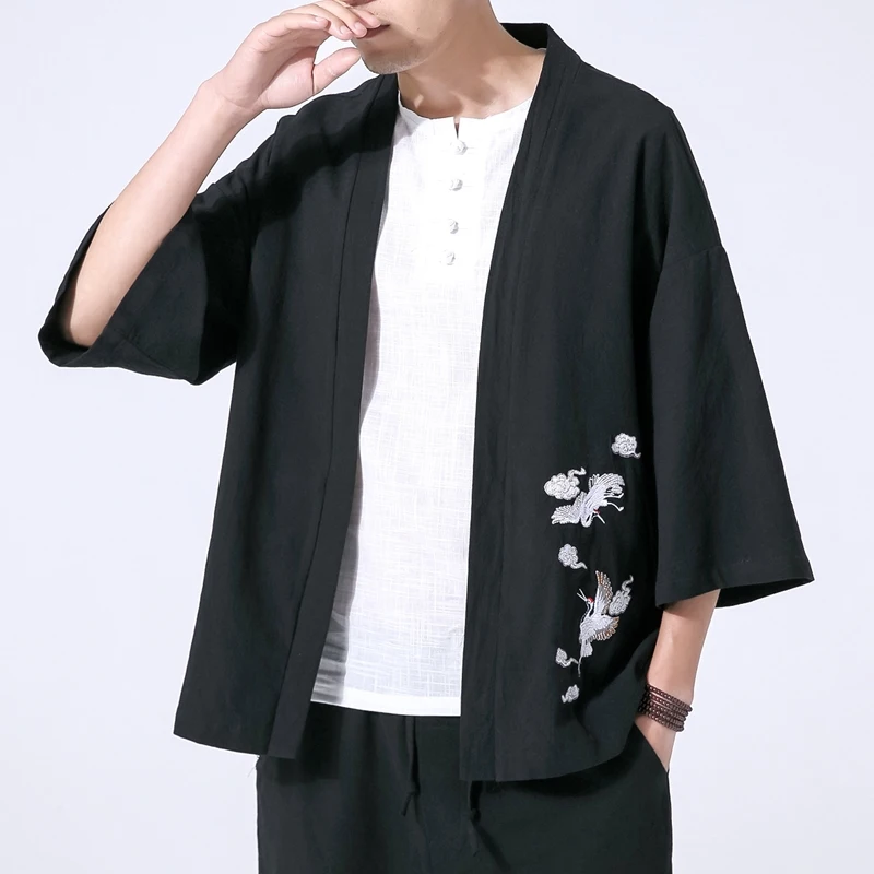 Men Embroidery Cardigan Shirt Jacket Male Japan Style