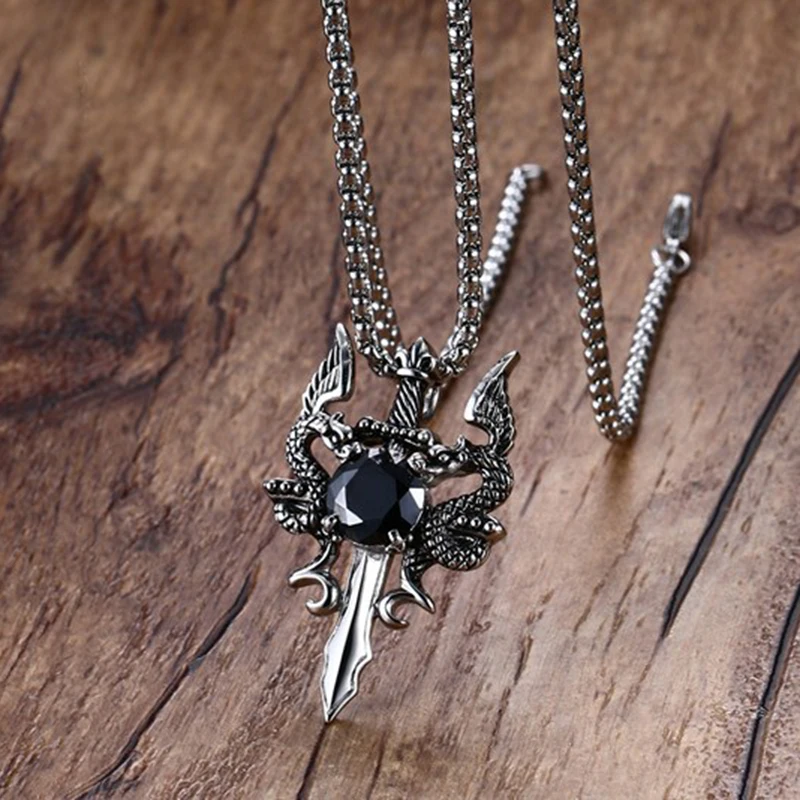 Silver pendant vintage style stainless steel dragon sword cz chain necklace 60cm