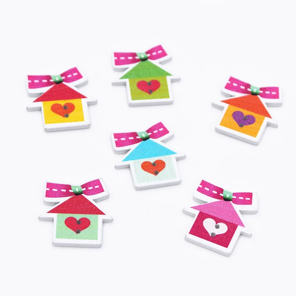 50PCs House Buttons Wood Sewing Scrapbooking Button Two Holes Pattern 3.0cm x 2.8cm Xp0202 | Дом и сад