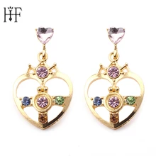 Золотые серьги-гвоздики с синим зеленым хрустальным сердцем, Сейлор Мун, Сейлор, серьги в форме Луны для костюмированной вечеринки