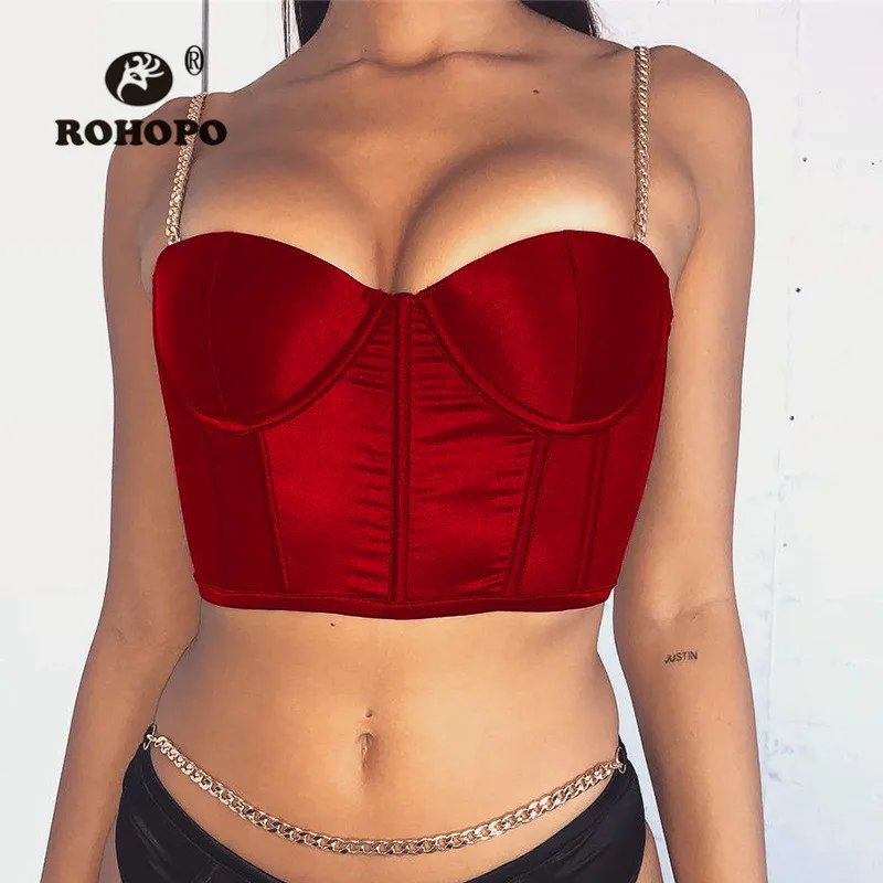 

ROHOPO Double Layers With Chest pad Metal Chain Strap Strain Mini Crop Top Tank Women Silky Corseted Sexy Party Ins Top Tanks
