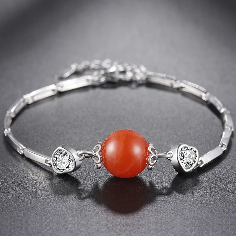 

Pandulaso Red Natural Agate Charm Bracelets for Women Heart Crystal Silver Chain Bracelets Female Fashion Silver 925 Jewelry
