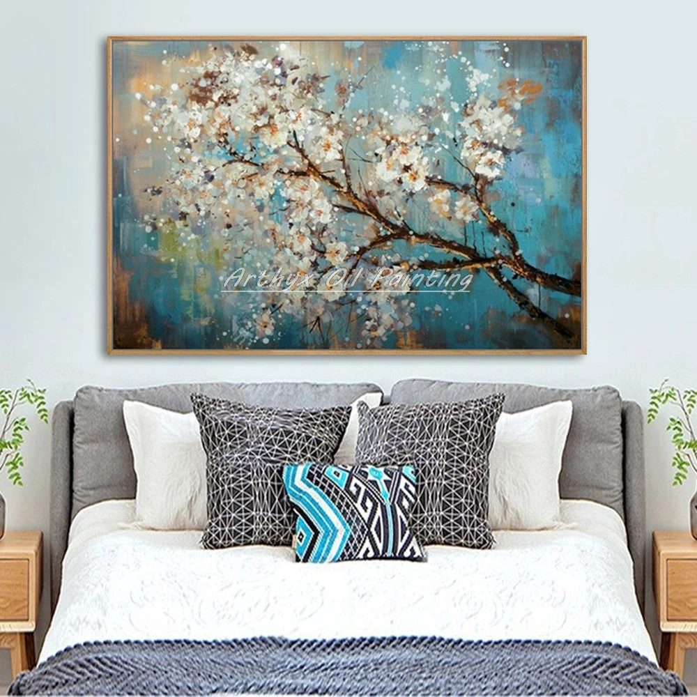 Arthyx художественная ручная роспись, Современное украшение дома, Настенная картина, цветок сливы, белое дерево, цветок, картина маслом на холсте для гостиной