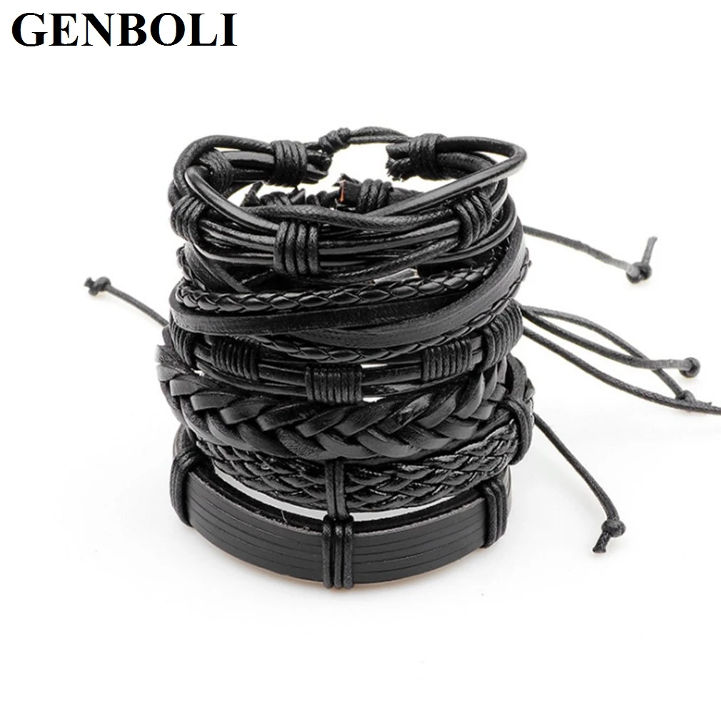 5PC/SET Men Jewelry Adjustable Black Coffee Pu Leather Beads Wrap Viking Bracelet Multilayer Chain Bracelet DIY Jewelry A30