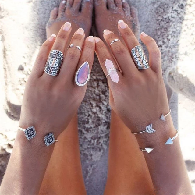 1Pc Fashion Boho Vintage Sliver Plated Hexagonal Crystal Gem Ring Oval Ring Woma 1Pc Fashion Boho Vintage Sliver Plated Hexagonal Crystal Gem Ring Oval Ring Woma
