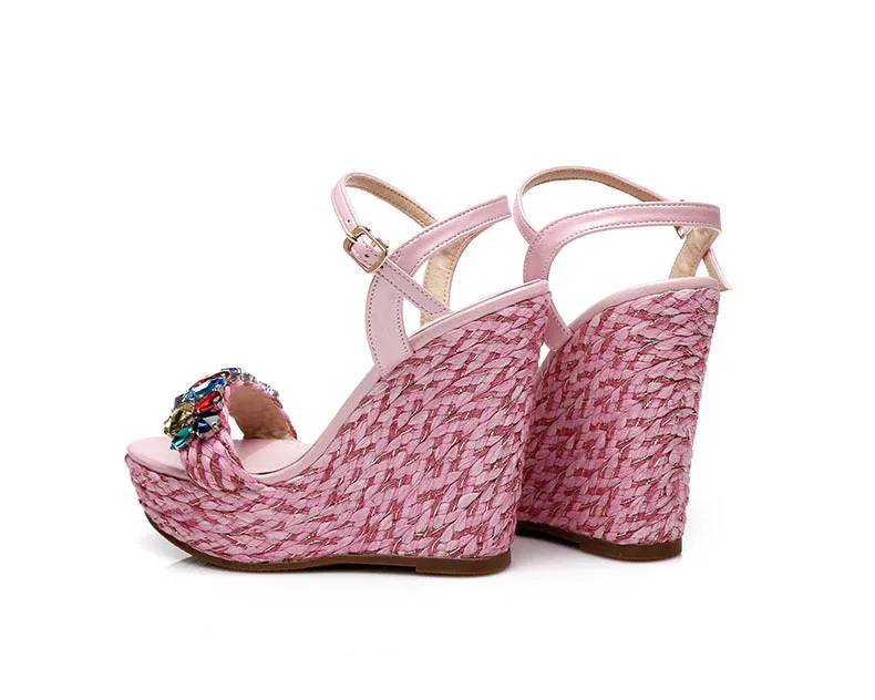 36_Summer Womens Black Buckle Sandals Fashion Elegant Silver Rhinestone Shoes Wedding Bridal High Heel Platform Wedges