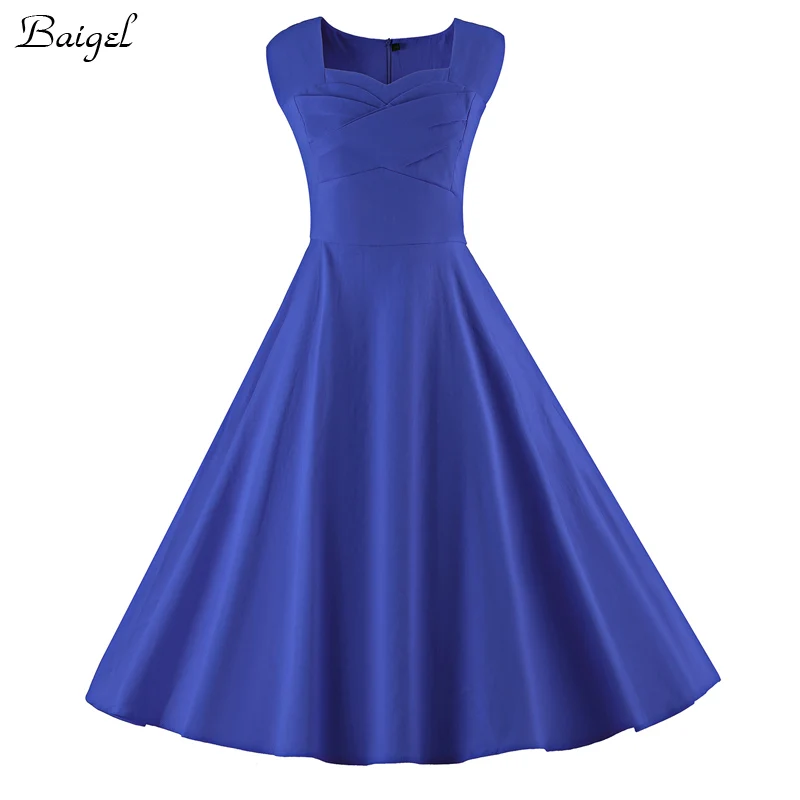 Womens Sleeveless Classic Royal Blue Summer Dress 50s 60s Audrey Hepburn Retro Style Rockabilly Vintage Cocktail Ball Gown Party Dresses