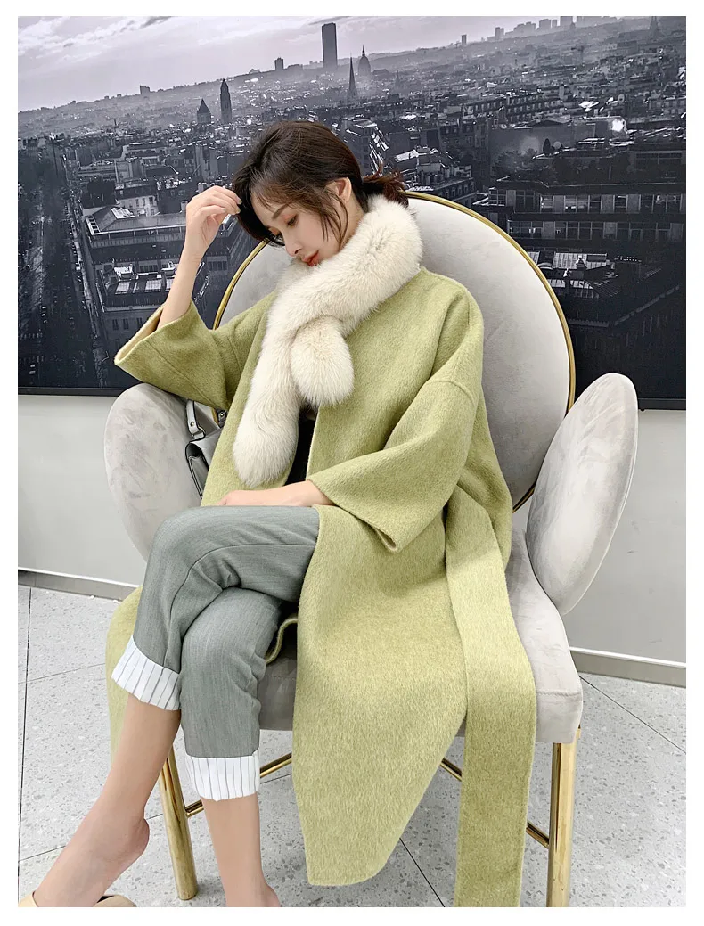 Rf0273 осенне-зимнее двустороннее Женское шерстяное пальто с лисой меховой шарф-воротник длинное стильное теплое пальто