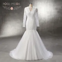 Роза Moda с высокой горловиной одежда с длинным рукавом Кружева свадебное платье Свадебные платья Русалочки 2018 Африканские свадебные платья