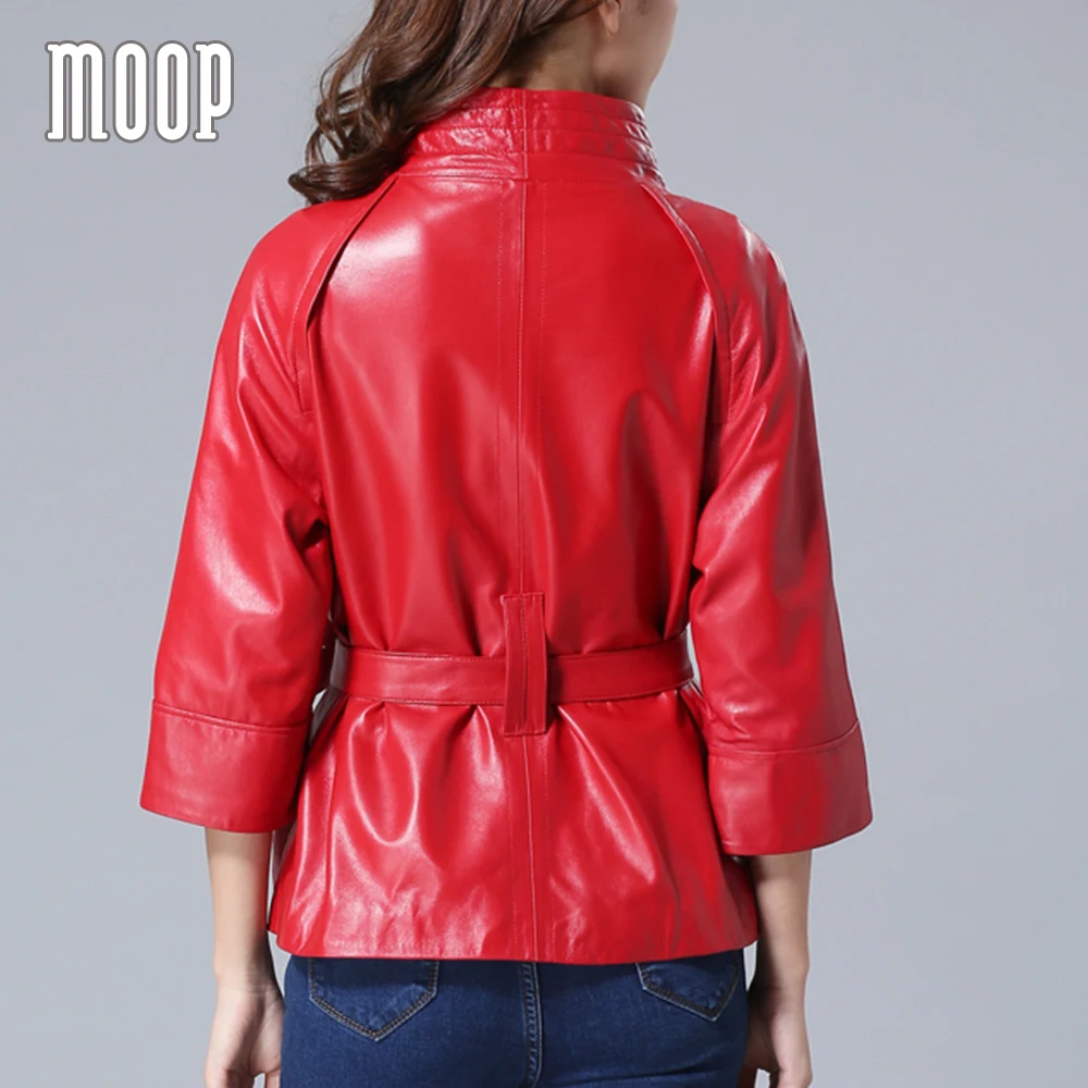 New Spring black red genuine leather jacket 100% sheepskin leather coat sashes decor veste en cuir femme jaqueta de couro LT1220