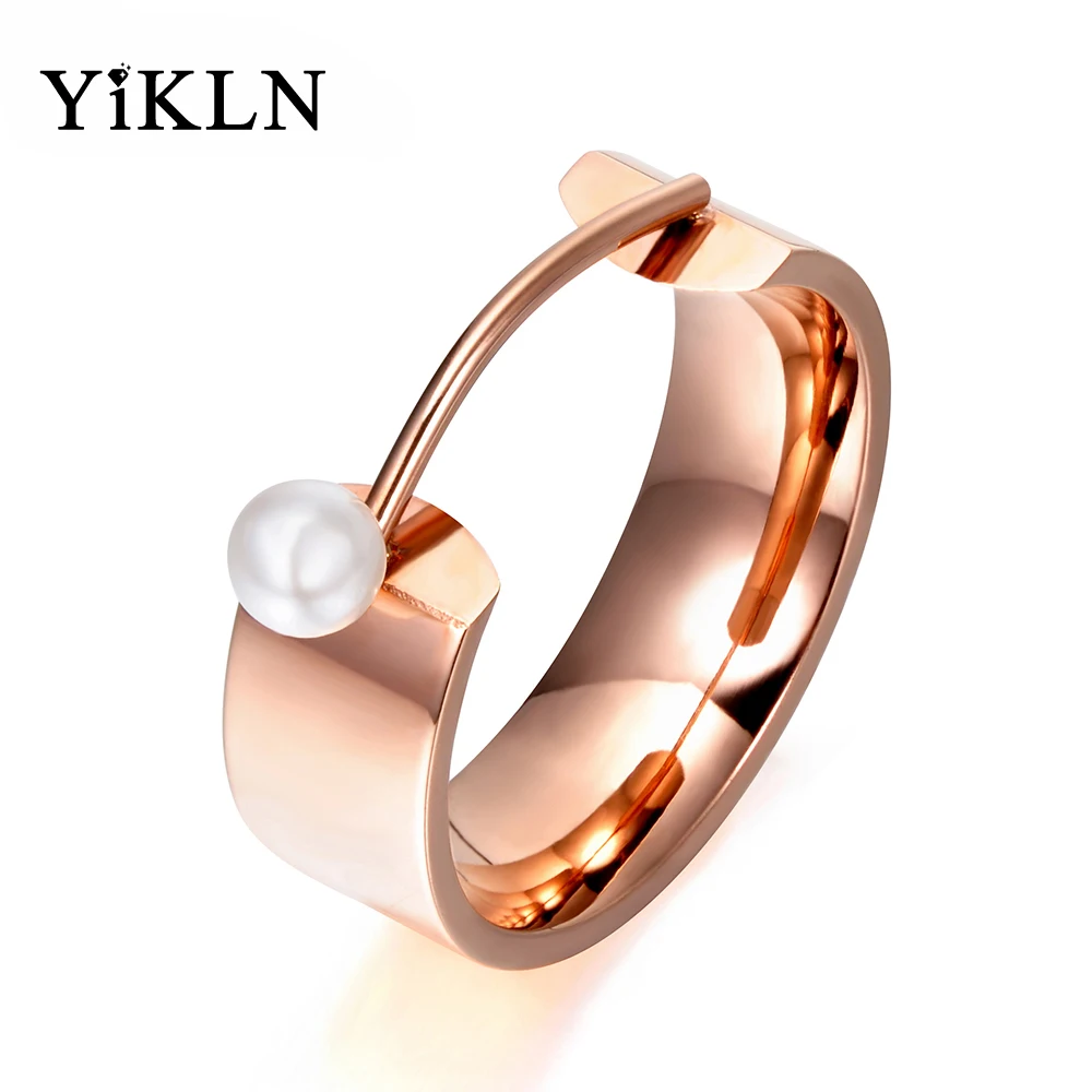 

YiKLN Original Design Simulated Pearl Rose Gold Color Ring Jewelry Titanium Steel Engagement Wedding Rings For Women YR17142