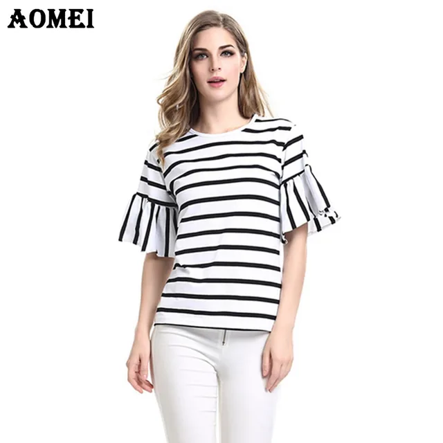 2018 Femmes Volants Manches Casual T Shirt Rayé Noir et blanc O Cou ... 2018 Femmes Volants Manches Casual T Shirt Rayé Noir et blanc O Cou T-shirt
