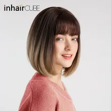 Inhair Cube Synthetic Flat Bangs Women Wig Ombre with Highlight Short Straight Hair Bob Wig Cosplay Hairstyle dull rayon short side bang straight highlight pixie synthetic wig