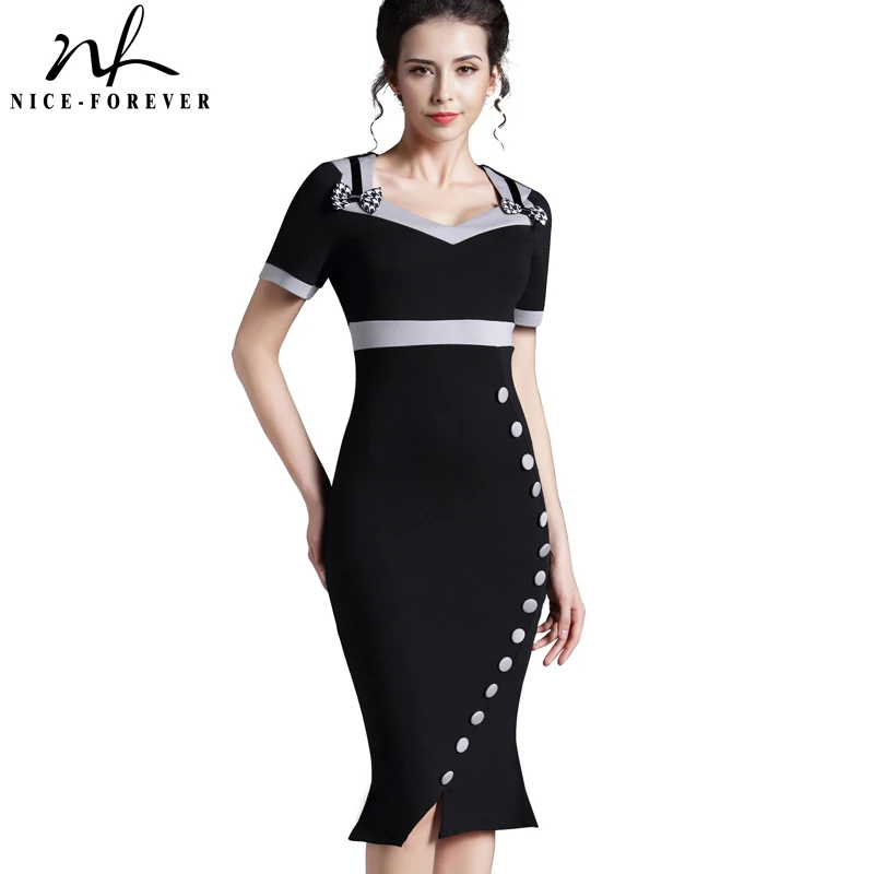 Buy Cheap Nice-forever Bowknot Female Work Vintage Dress Women Cotton Tunic Black Short Sleeve Formal Mermaid Buttons Wiggle dress b220