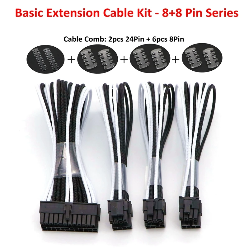 

Basic Extension Cable Kit - 1pc ATX 24Pin, 1pc EPS 4+4Pin, 2pcs PCI-E 6+2Pin Power Extension Cable.