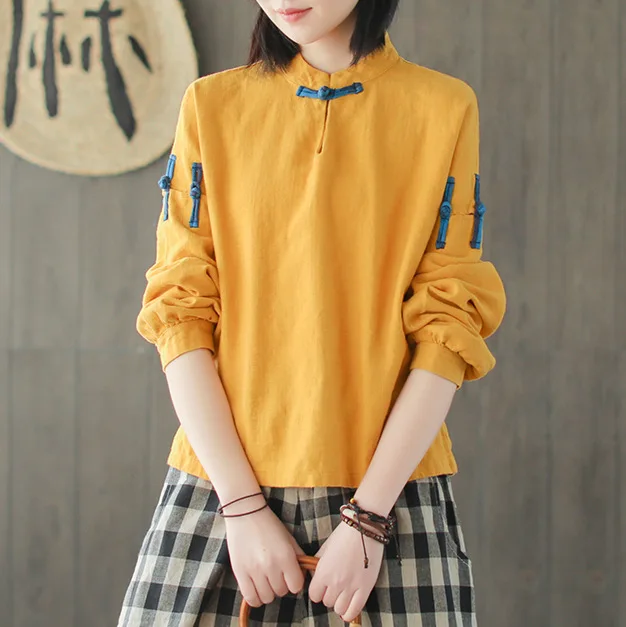 

Spring Summer Theatrical Ramie Stand Collar Long Sleeve T-shirt Hit Color Retro Plate Buttons T-shirt Female