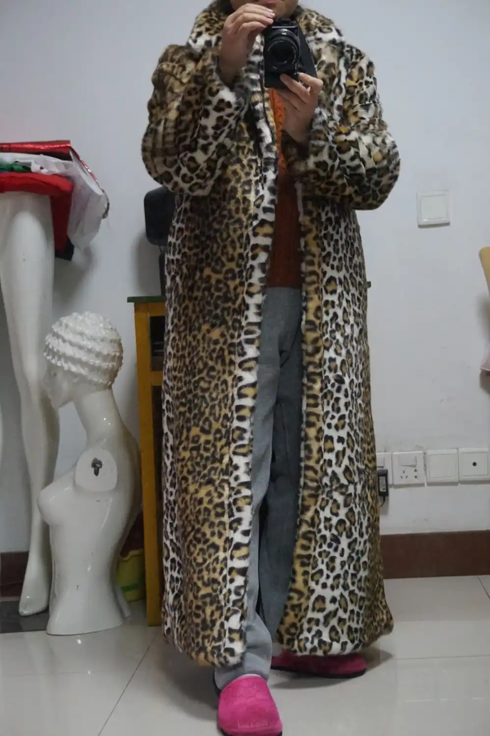 Pink Red Fall Winter Full Length Long Leopard Print Faux Fur Coat