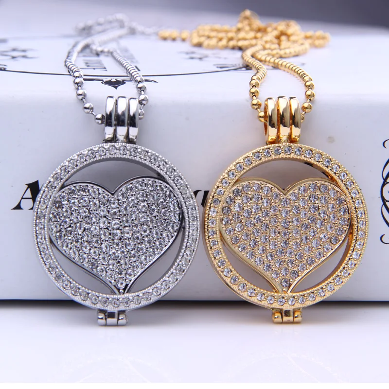

35mm coin Pendants necklace love Crystal Design Rhinestone Fit my 33mm dome Coins Disc 80cm chain necklace Gifts