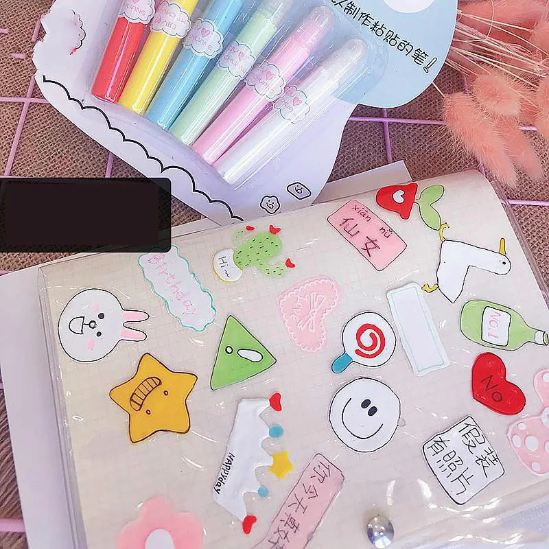 

6pcs/set Creative Cute Jelly Sticker Brush Marker Pen Cute Color Graffiti Diy Solid Jelly Pen Art Set For Kids Stationary