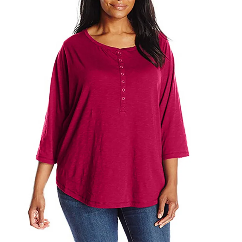 

KWAN_Vogue womens t shirt tops casual sturdy solid Button O-neck 3/4 sleeve shirt large size t-shirt women 2019 summer tee #