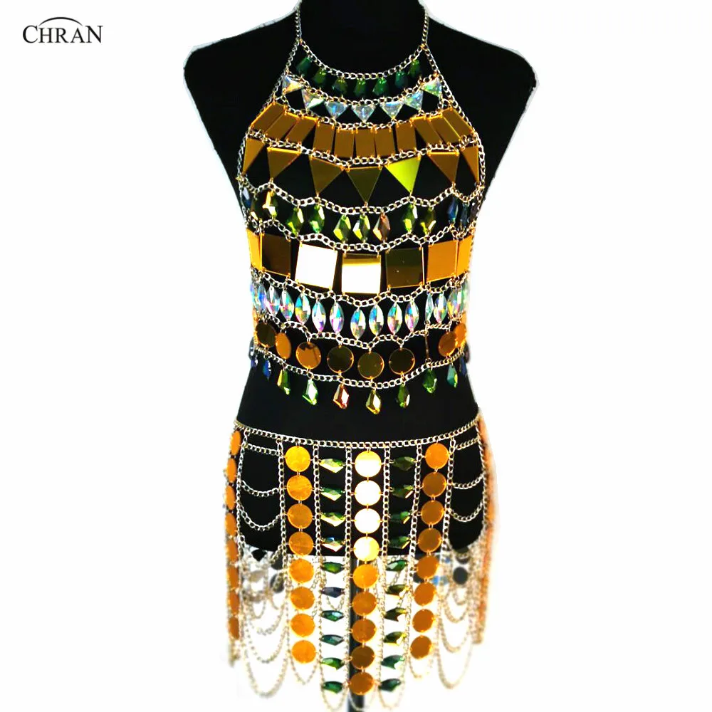 

Chran Mirror Perspex Skirt Rave Bra Set EDC Outfit Irridescent Necklace Bodysuit Chain Crop Tops Costume Wear Jewelry CRM845