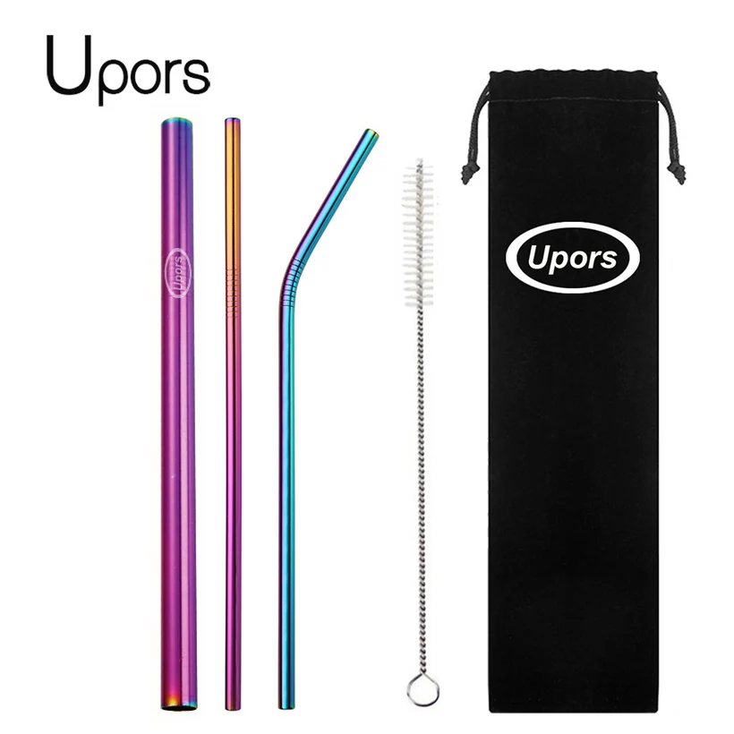 

UPORS 5pcs Eco Friendly Reusable Straw 304 Stainless Steel Straw Metal Smoothies Drinking Straws Set with Brush & Bag Wholesale