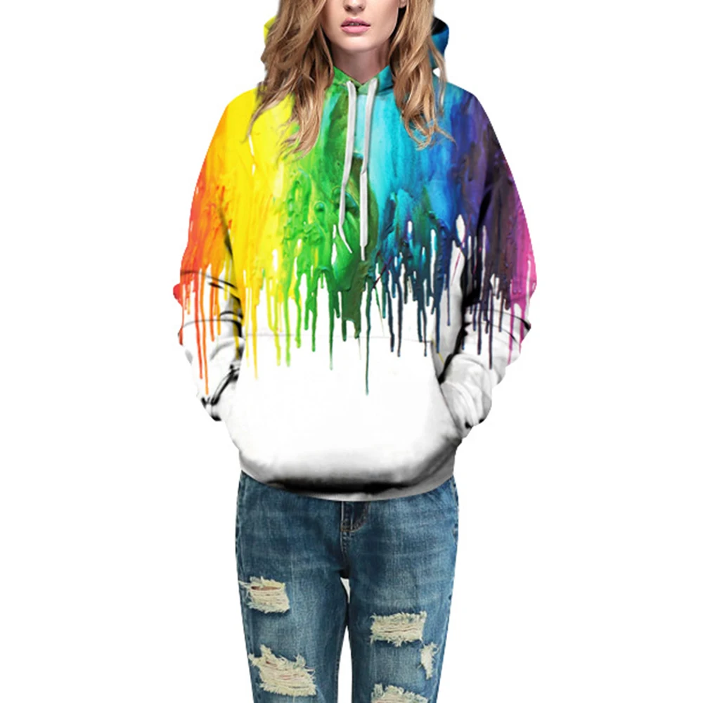 

Women Hoodies Fashion 3D Rainbow Print Colorful Loose Pullovers Casual Hooded Pocket Long Sleeve Unisex Men&Women Sweatshirt