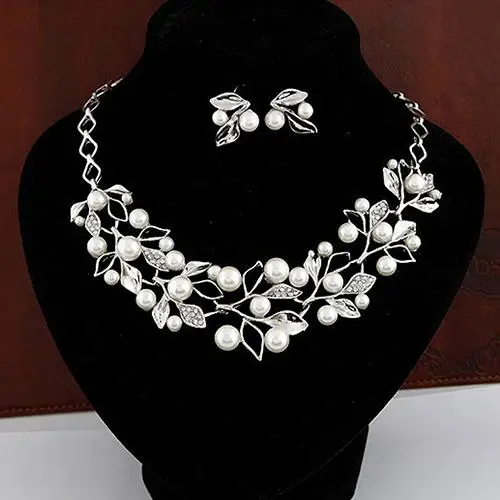 

Elegant Bridal Faux Pearl Leaves Choker Necklace Stud Earrings Jewelry Set new