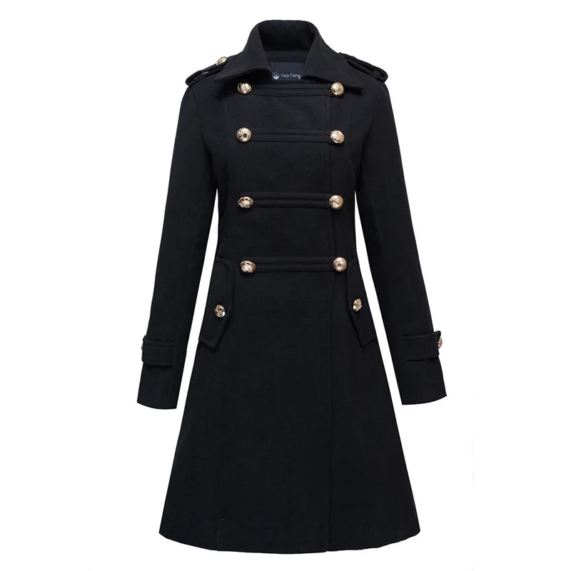 fashion Military style stand collar wool blends women double breasted