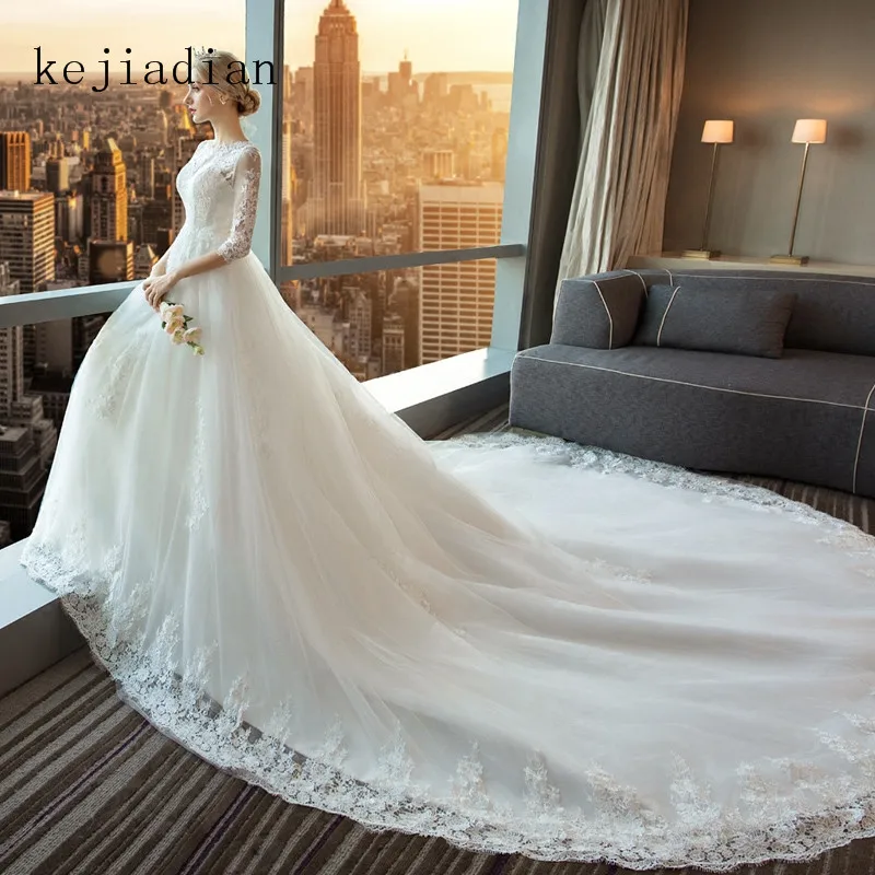 Большие размеры, кружевные свадебные платья 3/4 рукава Vestido de casamento Свадебные платья трапециевидной формы с аппликацией свадебное платье принцессы
