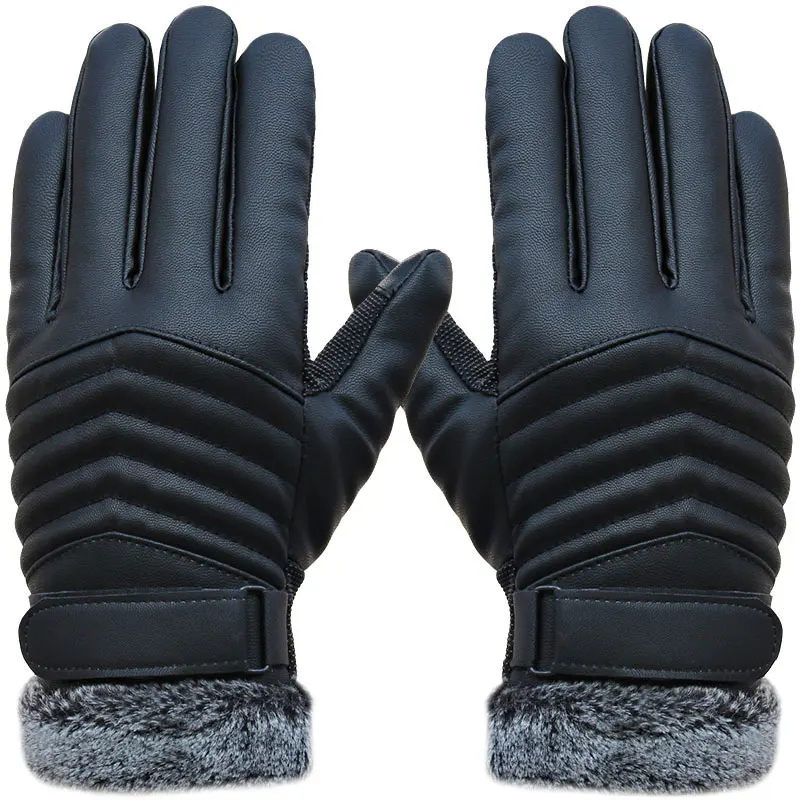 Лидер продаж, 1 пара, мужские Synthenic PU Golves, зимние теплые перчатки на запястье с пятью пальцами, шерстяные Утепленные перчатки, меховые