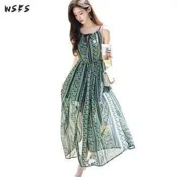

Green Print Spaghetti Strap Summer Dresses Oneck Sleeveless Backless Women Dress Bohemian Beach Bodycon Sexy Party Maxi Sundress