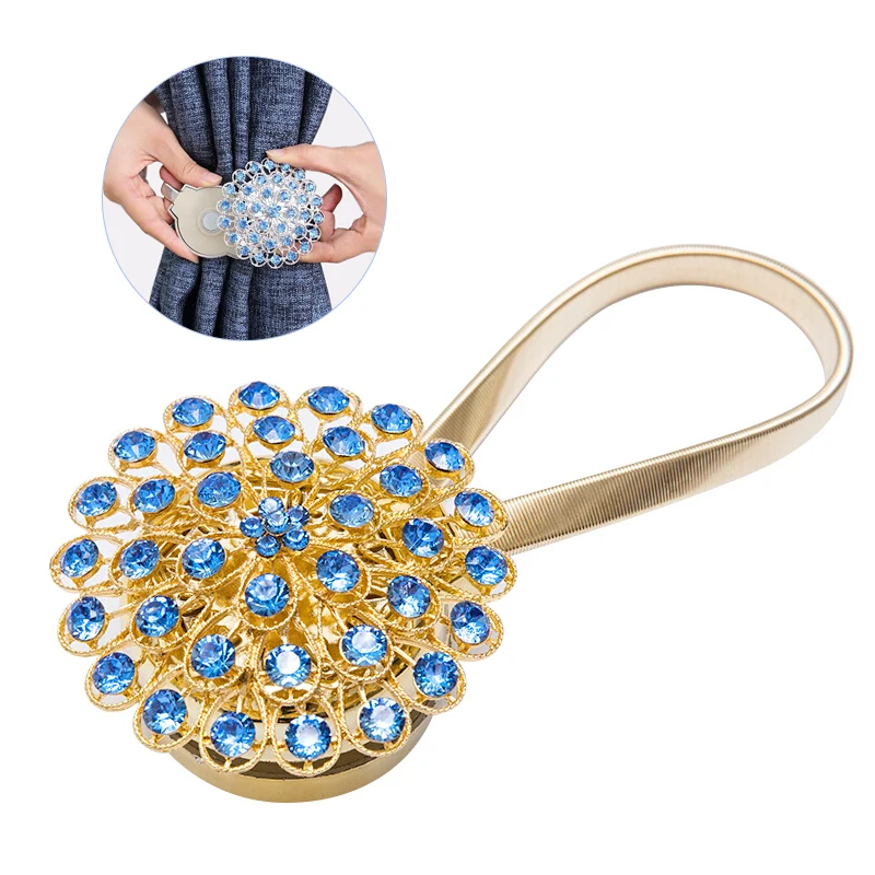 

2 PCS Peacock Tail Curtain Tiebacks with Magnet Blossom Diamond Drapes Buckle Holdbacks Window Curtain Accessories Decoration