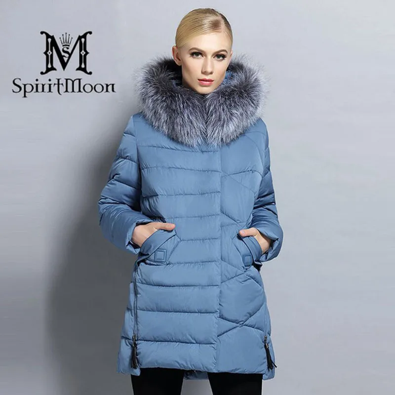 SpiritMoon 2017 New Winter Women Bio Down Jacket Hooded Thick Coat Winter Parka With Natural Silver Fox Collar Plus Size 5XL 6XL