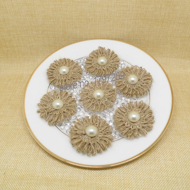 12pcs Lot Natural Jute Burlap Hessian Flower With Artificial Beads Vintage Wedding Decoration Rustic 12pcs Lot Natural Jute Burlap Hessian Flower With Artificial Beads Vintage Wedding Decoration Rustic