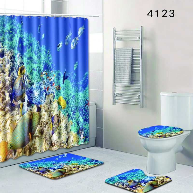 

Sea View 4pcs Shower Curtain Set Anti Slip Toilet Mat Accessories Carpet for Bathroom Rug Set 50x80cm Bath Mats Fot Home Decor