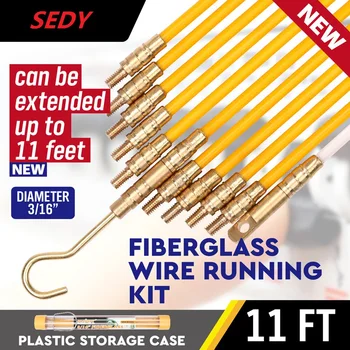 SEDY Fiberglass Wire Cable Running Rods Fish Pulling Wire Holder Kit Electrical Wires With Hooks 3/16 x 11' Electrical Cord