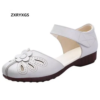 

2019 New Round Head Flower Summer Fashion Sandals Comfort Elegant Women Shoes Cow Leather Sandals Flat Casual Women Sandals