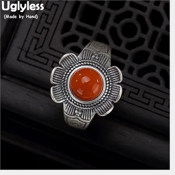 

Uglyless 100% Real Solid 925 Sterling Silver Handmade Ethnic Thai Silver Flower Rings for Women Red Agate Open Ring Fine Jewelry