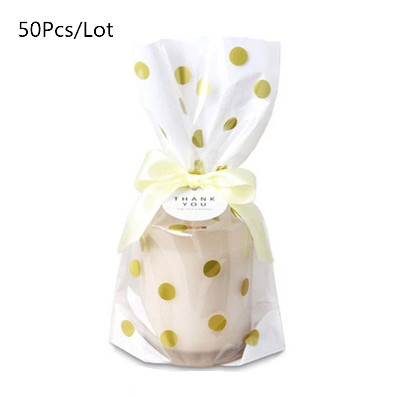 50 шт., пластиковый пакет для конфет в Золотой горошек, свадебный подарочный пакет, упаковка для конфет, шоколада, Подарочный мешок для печенья, кондитерских изделий, подарочная упаковка - Цвет: Gold Dots